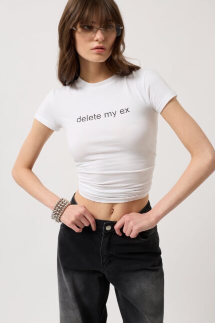 Fshini bluzën time të bardhë të printuar Lycra Crop