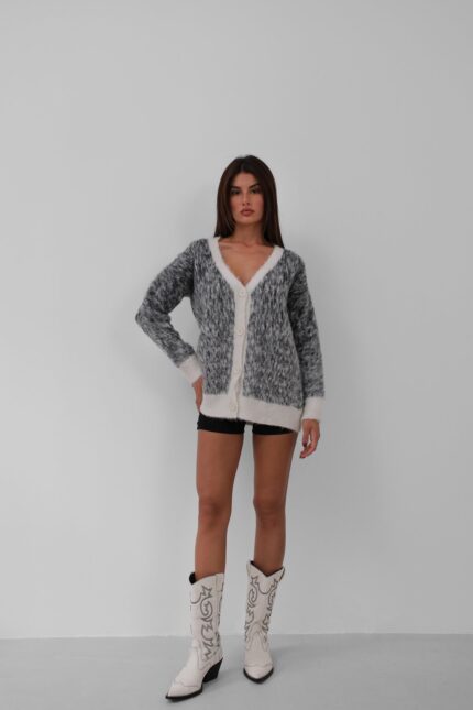 Cardigan me thurje gri të hapur me ngjyrë me mjekër me ngjyrë të kundërt