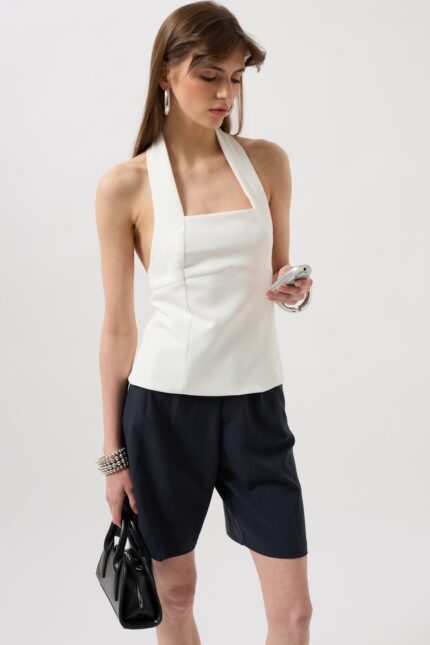 Kalın Askılı Crop Beyaz Bluz