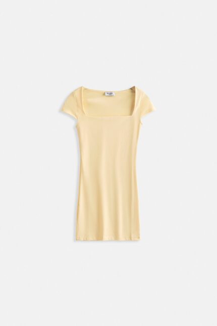 Pencere Detay Mini Dekolte Sarı Elbise