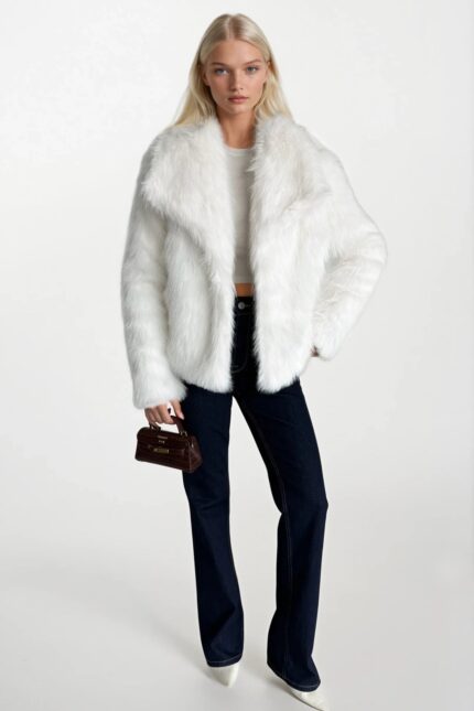 Şal Yaka Beyaz Peluş Kürk