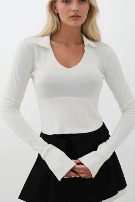 V Yaka Korsaj Detay Ekru Triko Bluz