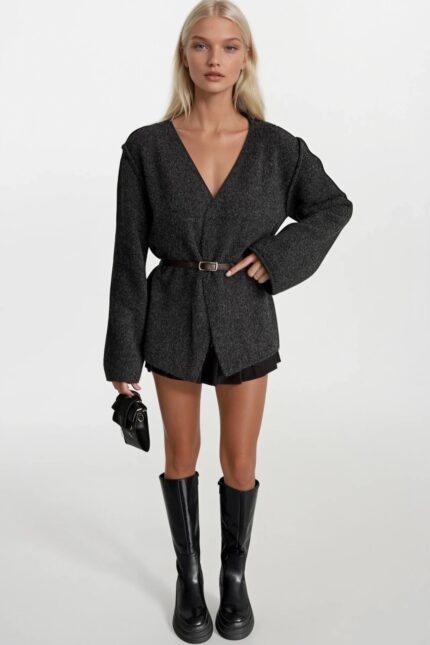 Kemer Detay Kruvaze Yaka Antrasit Triko Hırka