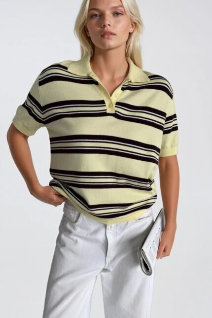 Çizgili Polo Yaka Sarı Triko Bluz
