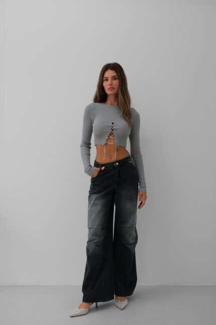Taş Detay Triko Yaka Gri Crop Bluz