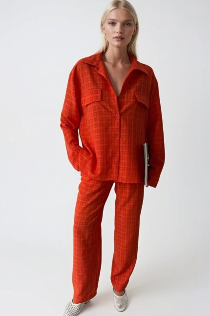 Pantallona këmishë portokalli xhepi Set i dyfishtë