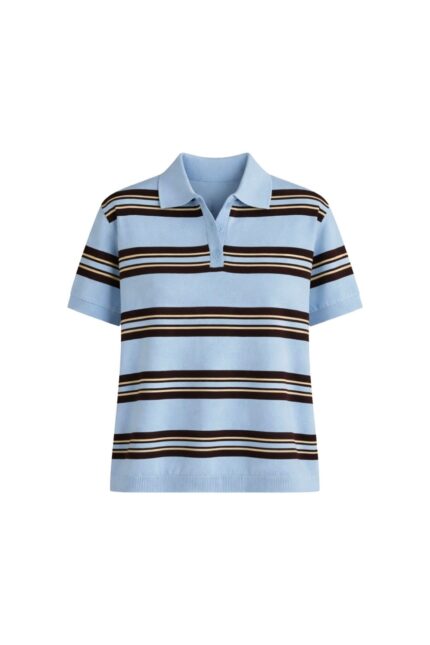 Çizgili Polo Yaka Mavi Triko Bluz