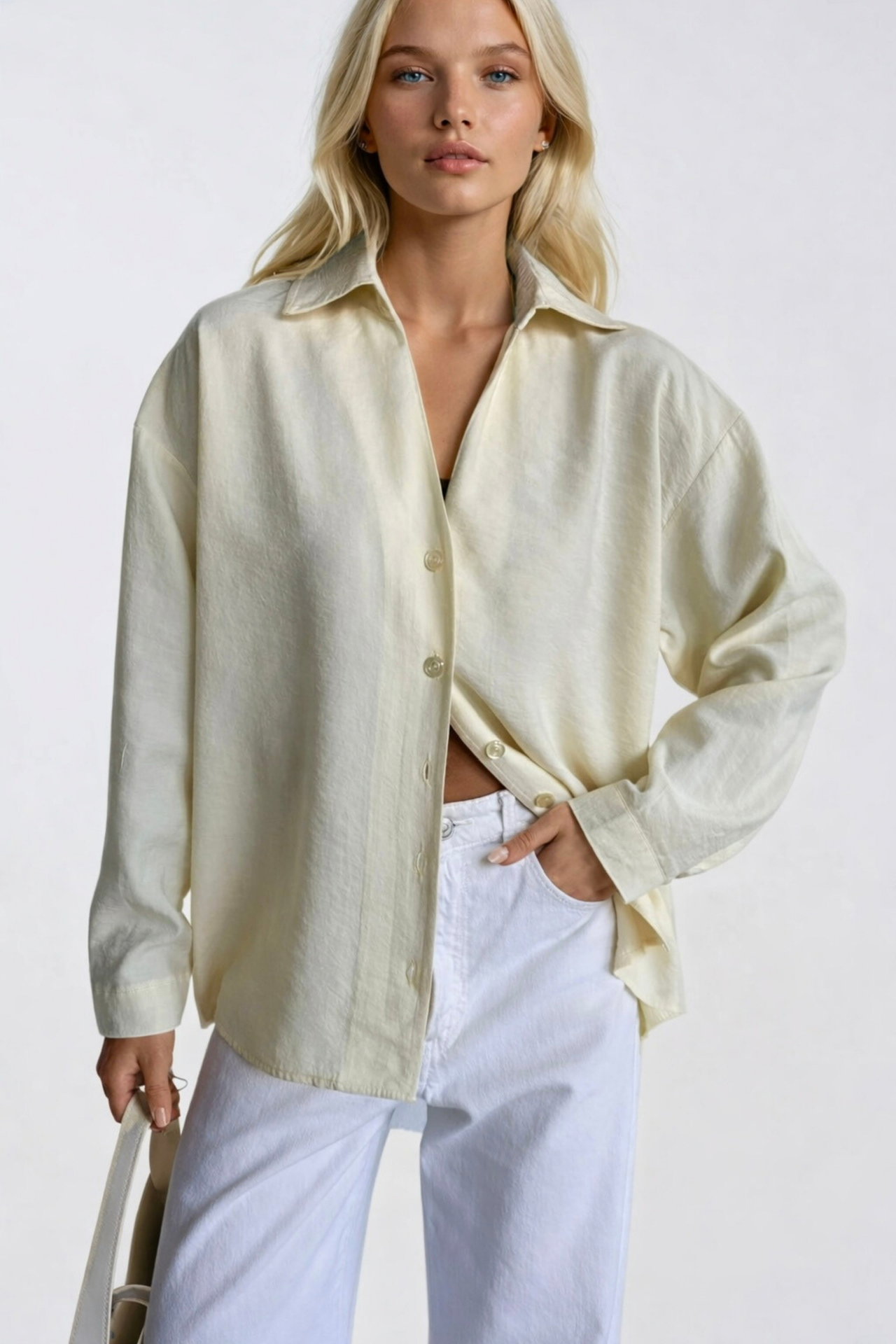 V Yaka Oversize Sarı Modal Gömlek