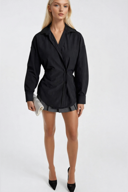 Asimetrik Düğme Detay Bel Oturtmalı Siyah Gömlek