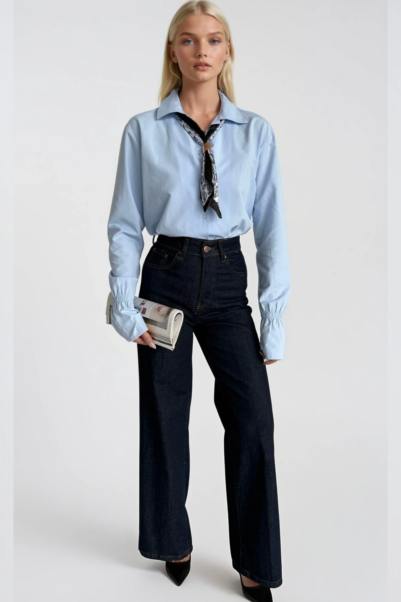 Fular Detay Kolu Büzgülü Mavi Gömlek