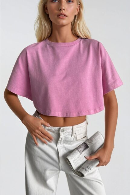 Yıkama Efektli Pembe Crop Tişört