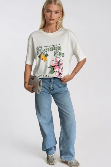 Florida Baskılı Oversize Beyaz T-Shirt