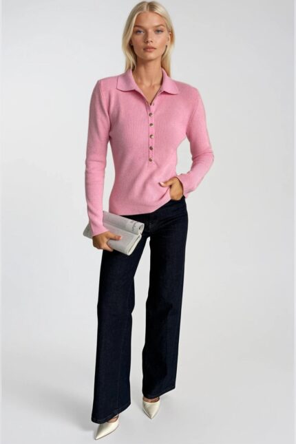 Çıtçıt Detay Polo Yaka Pembe Triko Bluz