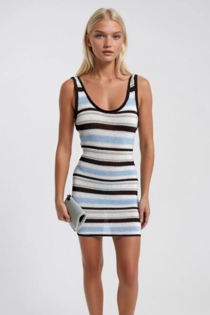 Çizgili Halter Yaka Bebe Mavi Triko Elbise