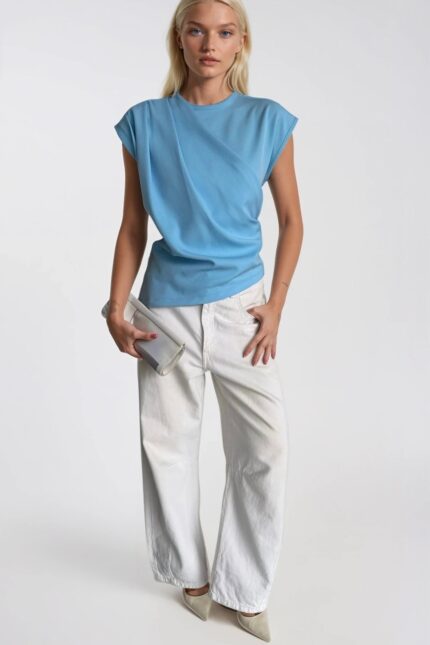 Omuz Büzgülü Sıfır Kol Mavi Bluz