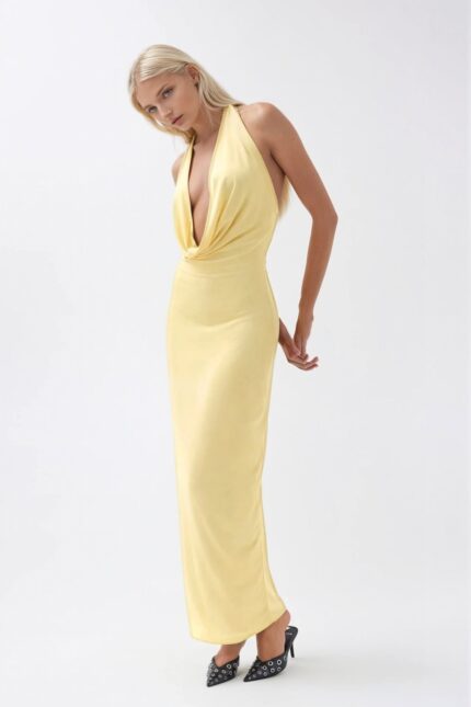 Şal Yaka Dekolte Maxi Sarı Elbise