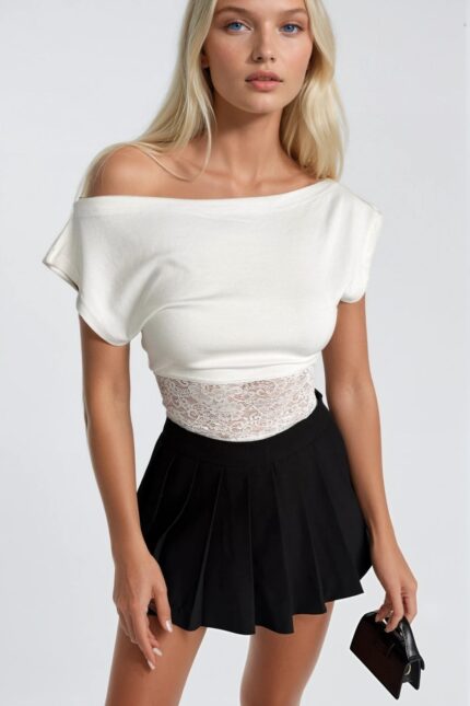 Düşük Omuz Bel Dantel Detay Beyaz Bluz