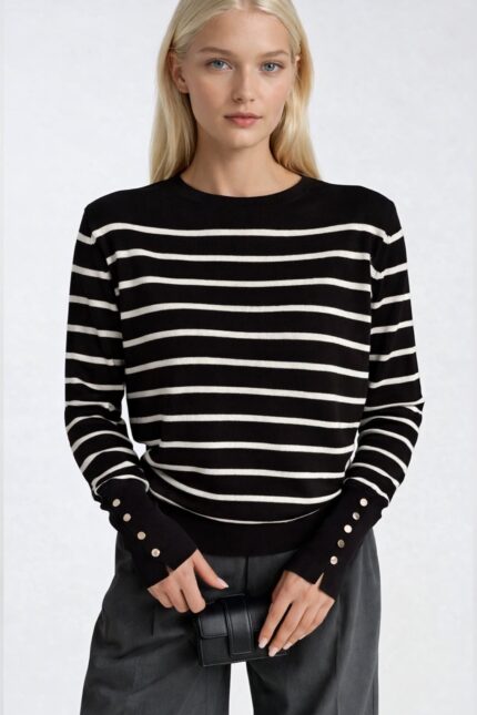 Çizgili Bisiklet Yaka Düğme Detay Siyah Triko Bluz