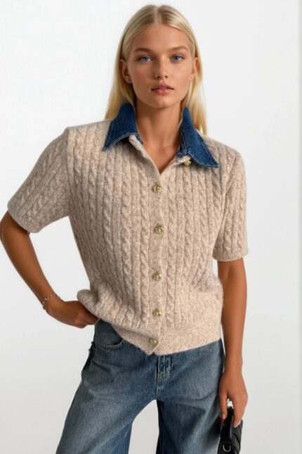 Denim Yaka Gold Düğmeli Yarım Kol Bej Triko Bluz