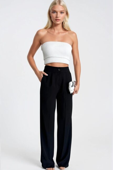 Düğme Detay Basic Siyah Palazzo Pantolon