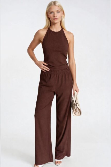 Halter Yaka Kolsuz Bluz Yüksek Bel Dokulu Pantolon İkili Kahverengi Takım