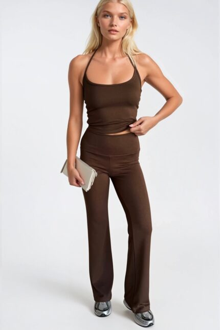 İp Askılı Bluz Wide Leg Pantolon Kahverengi İkili Takım