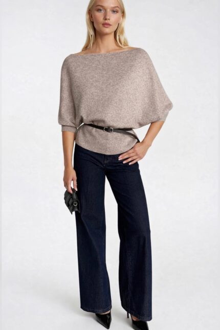 Kemer Detay Kısa Kol Kayık Yaka Bej Triko Bluz