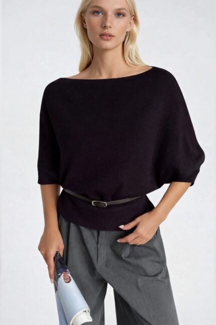 Kemer Detay Kısa Kol Kayık Yaka Kahverengi Triko Bluz