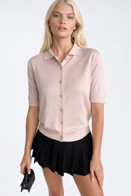Polo Yaka Dantel Detay Düğmeli Pembe Triko Bluz