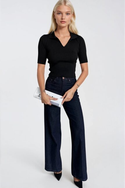 Polo Yaka Siyah Triko Crop Bluz